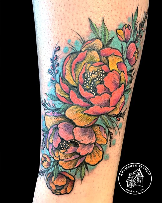 Floral leg paony tattoo