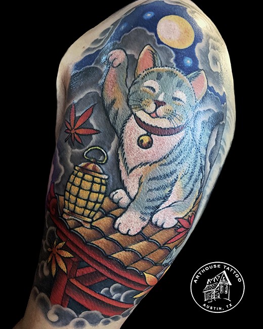 Lucky cat half sleeve japanese tattoo