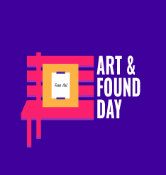 Colorful Art & Found Day graphic on purple background